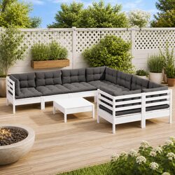 Garden Lounge Set 9 Piece White Pinewood Outdoor Furniture with Cushions Patio