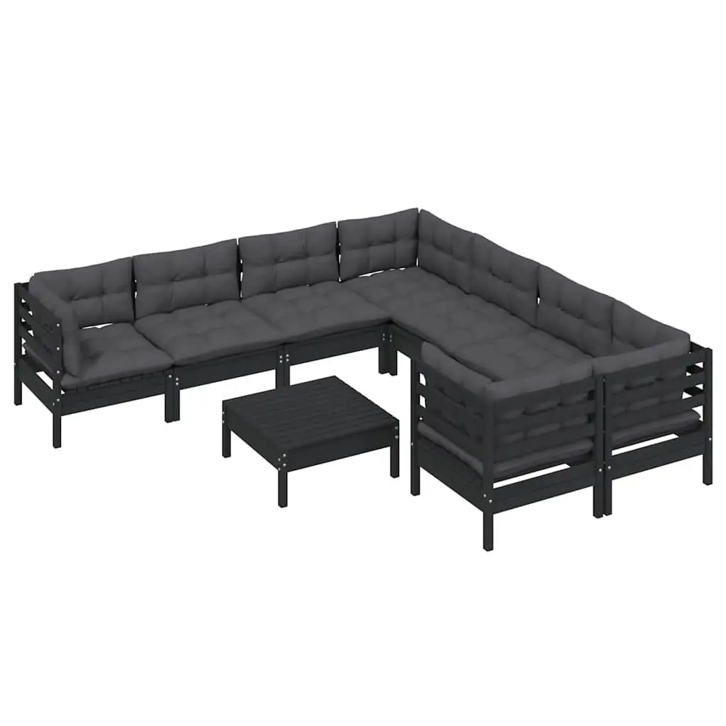 9 Piece Garden Lounge Set Black Pinewood Outdoor Furniture with Cushions Modular