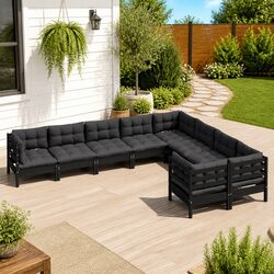 9 Piece Wooden Garden Lounge Set with Cushions Black Modular Outdoor Furniture