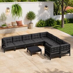 10-Piece Outdoor Lounge Set with Black Pinewood and Cushions