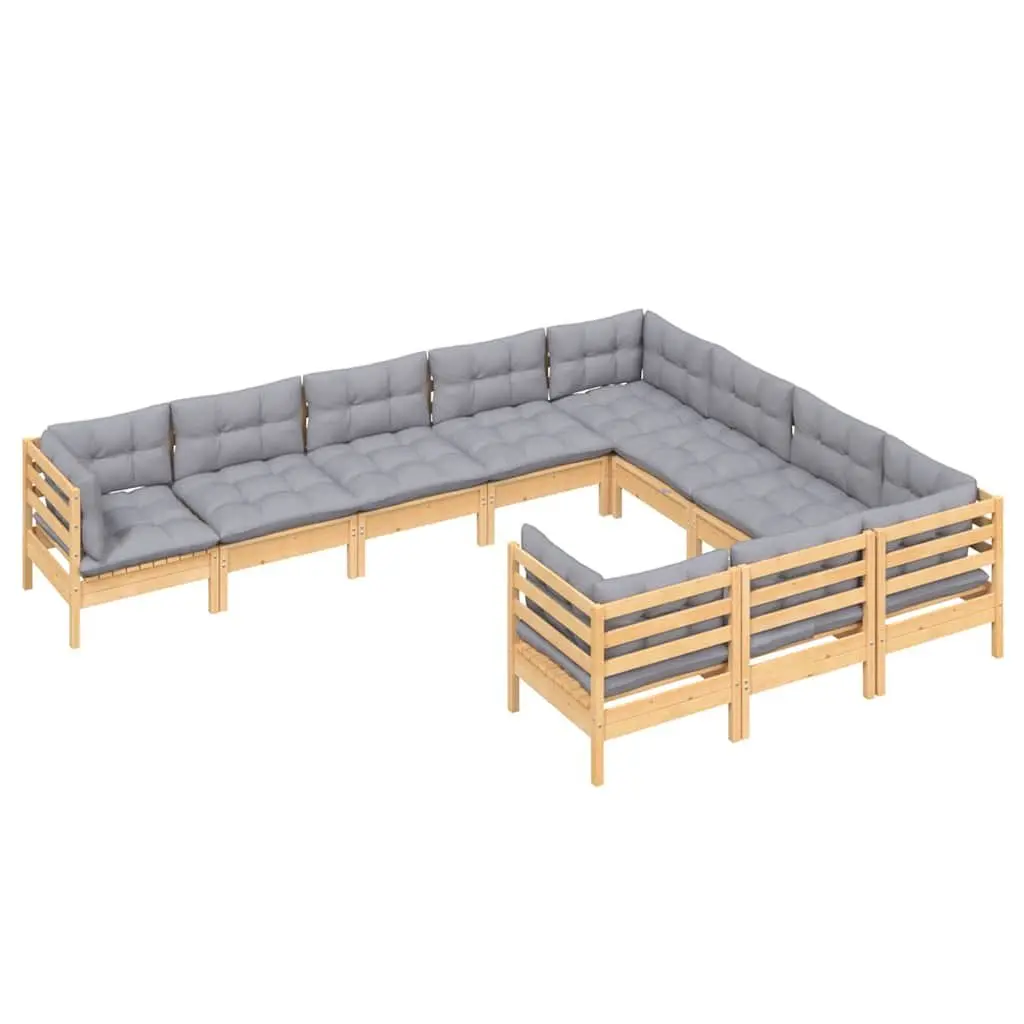 Modular Patio Furniture Set 10 Piece Pinewood with Grey Cushions for Outdoor Garden Lounge