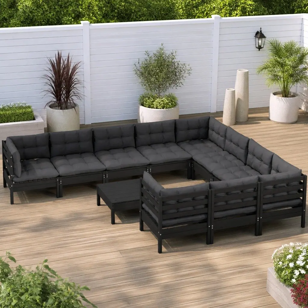 Garden Lounge Set Outdoor Furniture 11 Piece Black Pinewood with Cushions