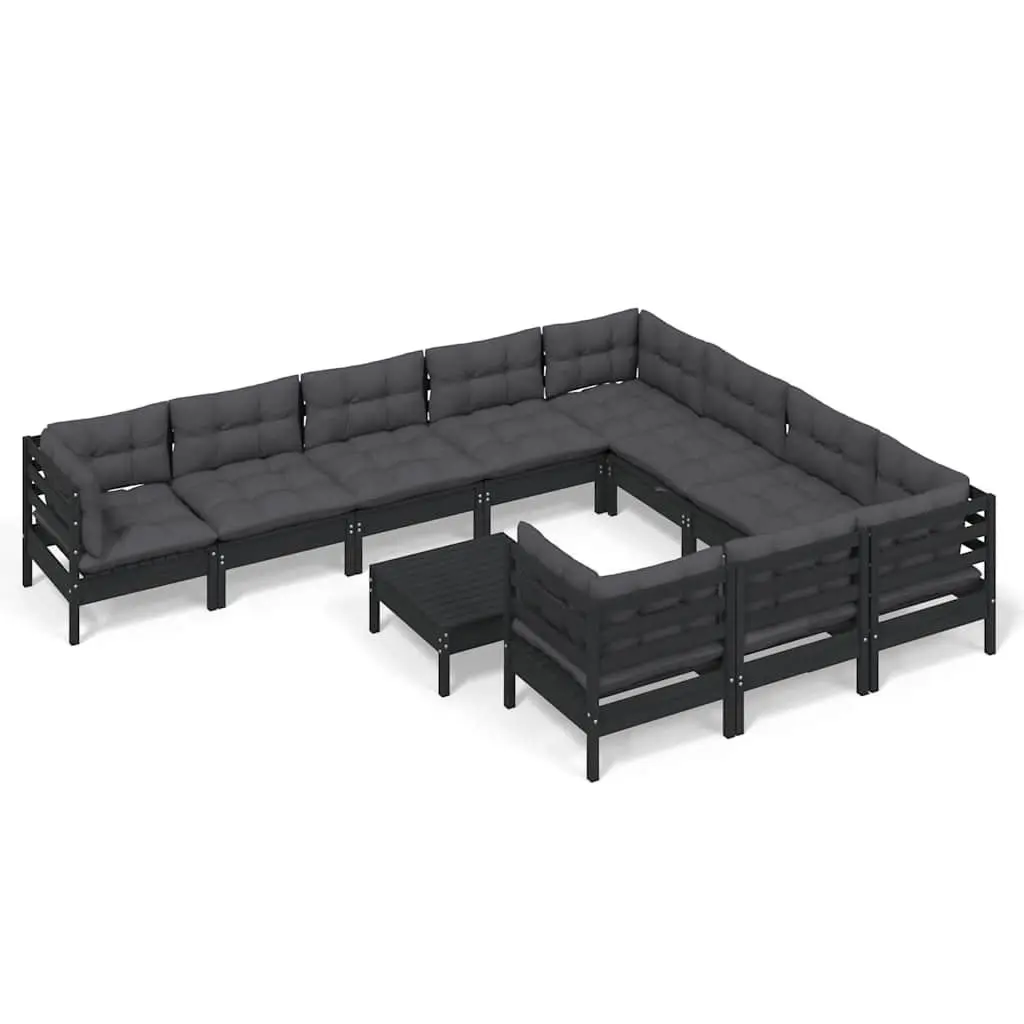 Garden Lounge Set Outdoor Furniture 11 Piece Black Pinewood with Cushions
