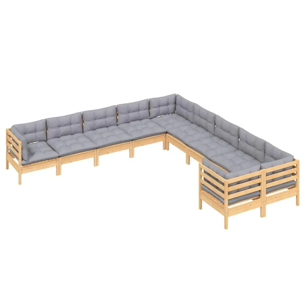 10 Piece Modular Outdoor Patio Lounge Set with Grey Cushions Solid Pinewood for Garden Use