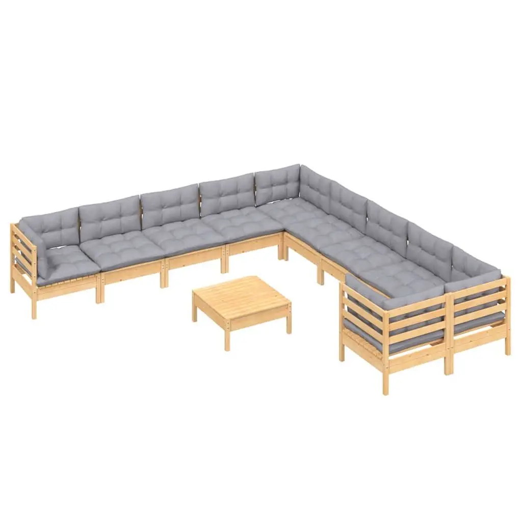 Garden Lounge Set 11 Pieces Outdoor Seating Wooden Patio Furniture with Grey Cushions