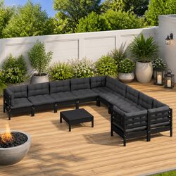 Outdoor Garden Lounge Set: 11 Pieces, Black Pinewood