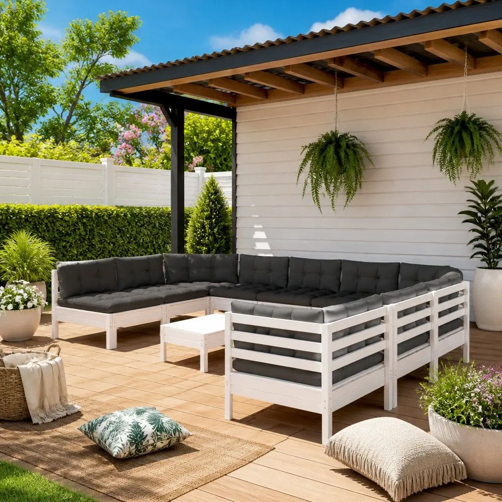 Garden Lounge Set Outdoor Furniture 12 Piece White Pinewood with Cushions