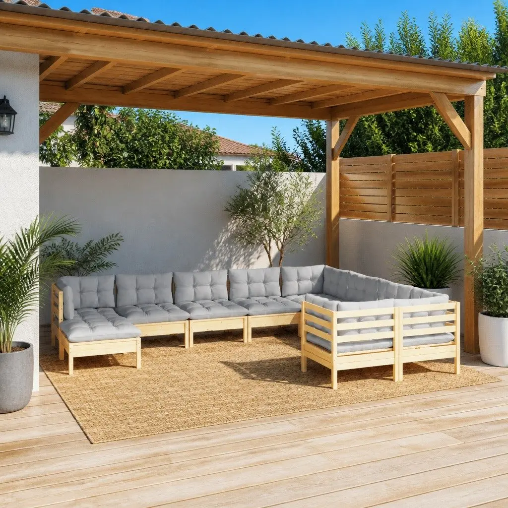Pinewood Outdoor Lounge Set 10 Piece Garden Furniture with Grey Cushions for Relaxing and Entertaining