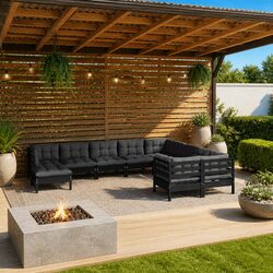 Garden Lounge Set 10 Piece with Cushions Black Pinewood Outdoor Furniture