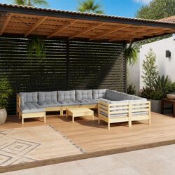 Garden Lounge Set 11 Piece Outdoor Patio Furniture Grey Cushions Pinewood