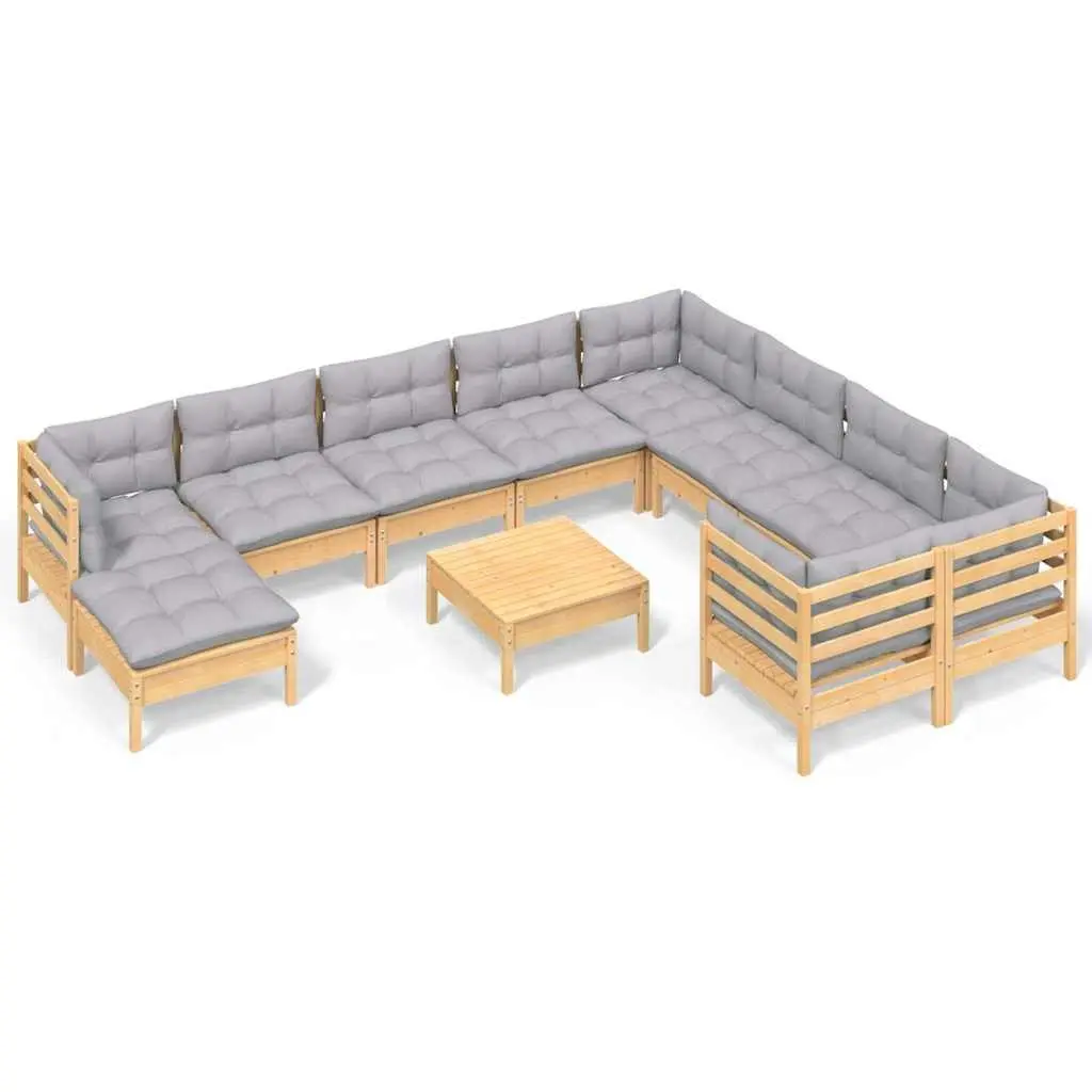 Outdoor Patio Furniture Set 11 Piece Lounge Grey Cushions Pinewood