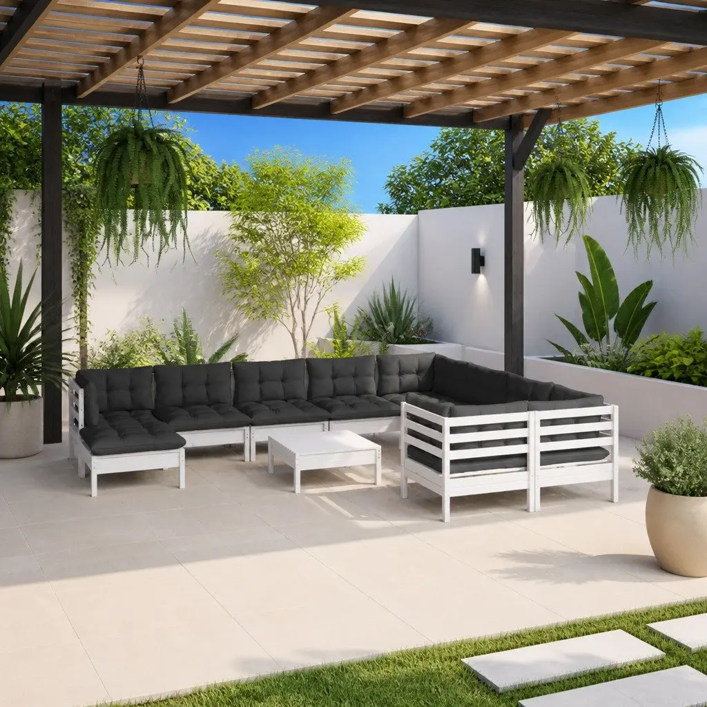 Garden Lounge Set Outdoor Furniture 11 Piece White Pinewood with Cushions