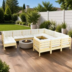 11-Piece Pinewood Garden Lounge Set with Cream Cushions