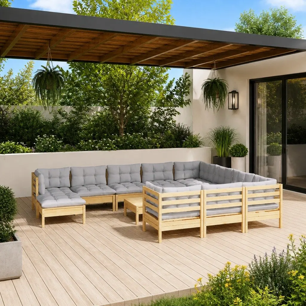 Garden Lounge Set Outdoor Patio Furniture 12 Piece Grey Cushions Pinewood