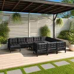 Black Pinewood Garden Lounge Set: 12 Pieces with Cushions