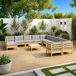 Outdoor Garden Lounge Set 12 Piece Pinewood Patio Furniture Grey Cushions