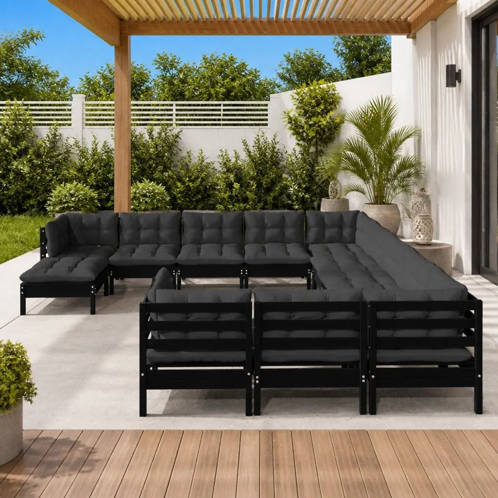 Garden Lounge Set Patio Furniture Modular Black Pinewood 12 Piece