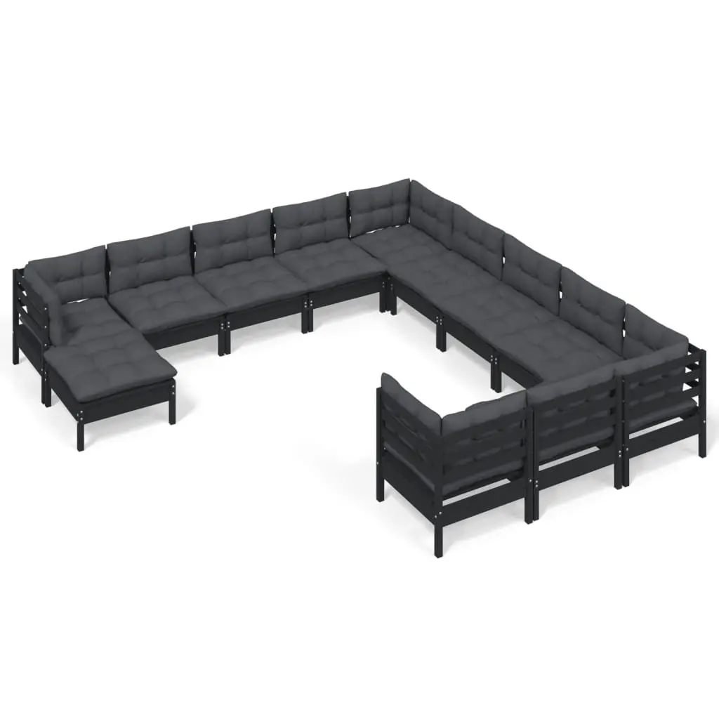 Garden Lounge Set Patio Furniture Modular Black Pinewood 12 Piece