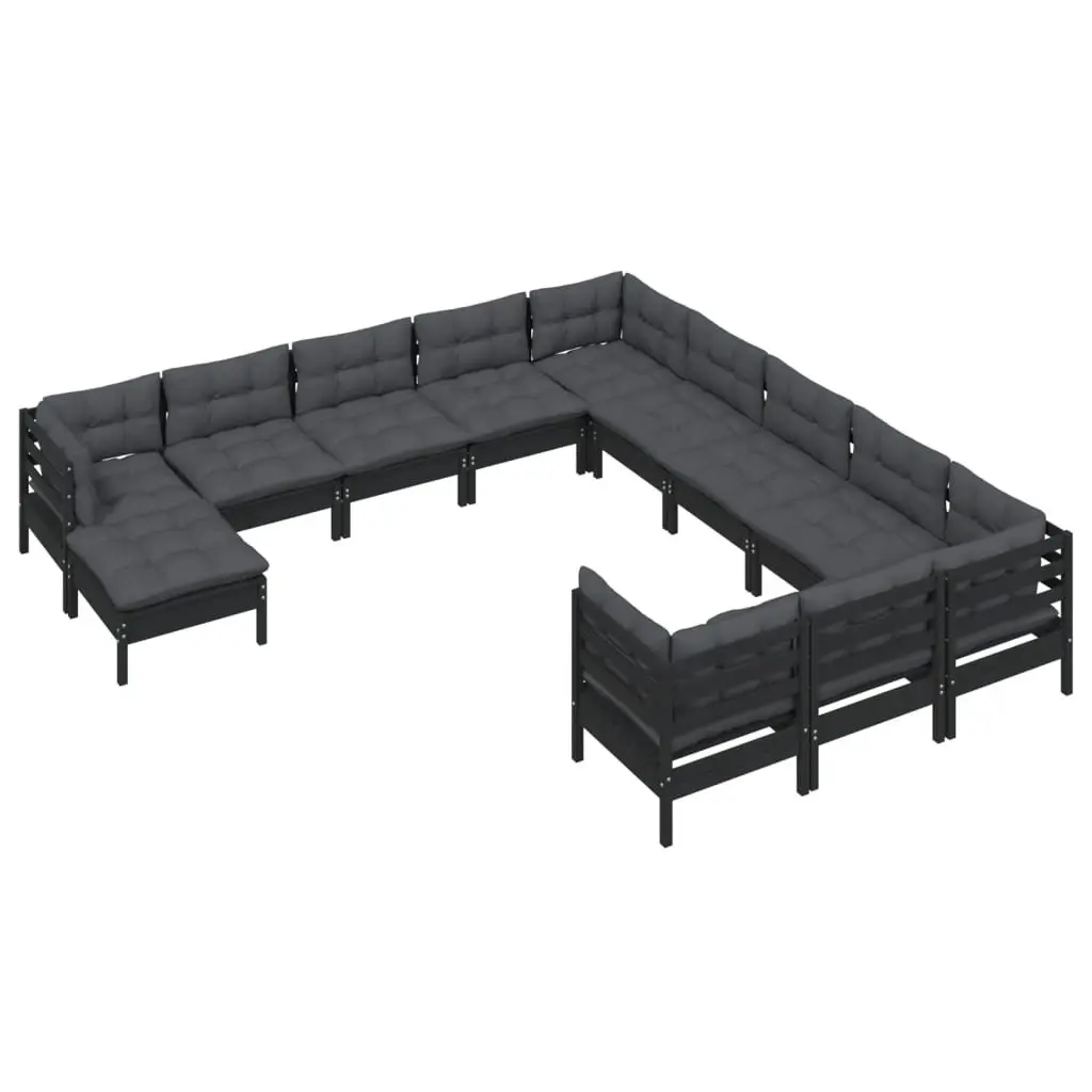 Garden Lounge Set Patio Furniture Modular Black Pinewood 12 Piece