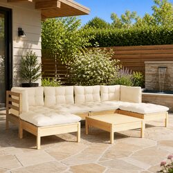 7-Piece Outdoor Lounge Set: Pinewood and Cream Cushions
