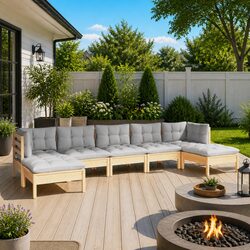 Outdoor Garden Lounge Set 7 Piece Patio Furniture Grey Cushions Pinewood