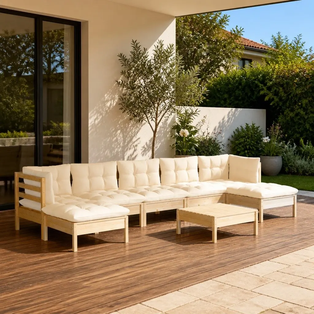 Wooden Garden Lounge Set 8 Piece Outdoor Patio Furniture Size with Cream Cushions