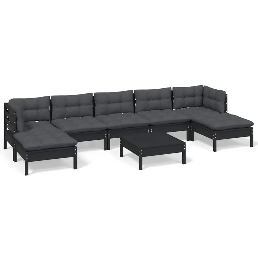Garden Lounge Set 8 Piece Black Pinewood Patio Furniture with Cushions Modular