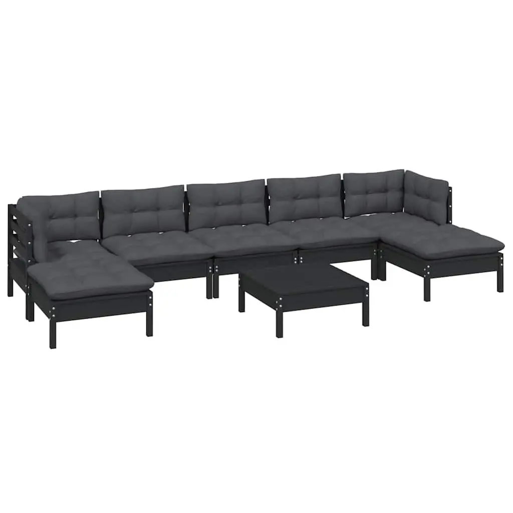 Garden Lounge Set 8 Piece Black Pinewood Patio Furniture with Cushions Modular