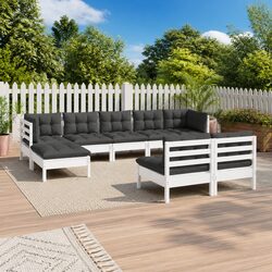 Garden Lounge Set 9 Piece White Pinewood Outdoor Furniture with Cushions Patio