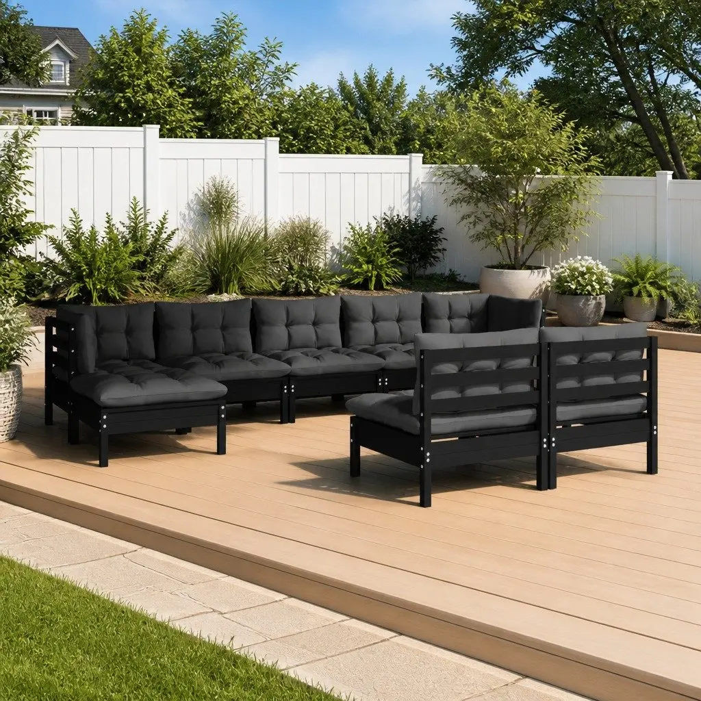 Garden Lounge Set Outdoor Patio Furniture 9 Piece Black Pinewood with Cushions