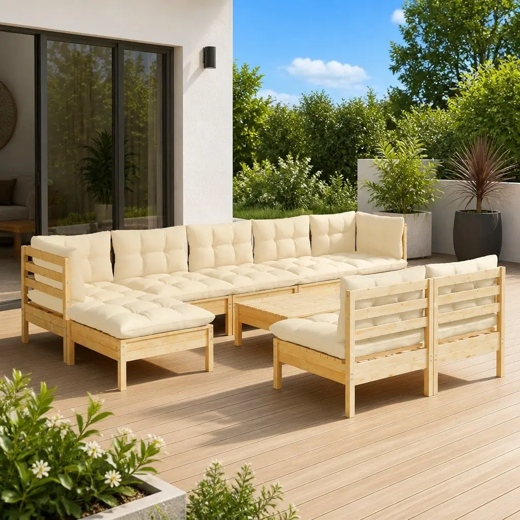 Modular Pinewood Lounge Set for Outdoor Use with Cream Cushions 10 Pieces
