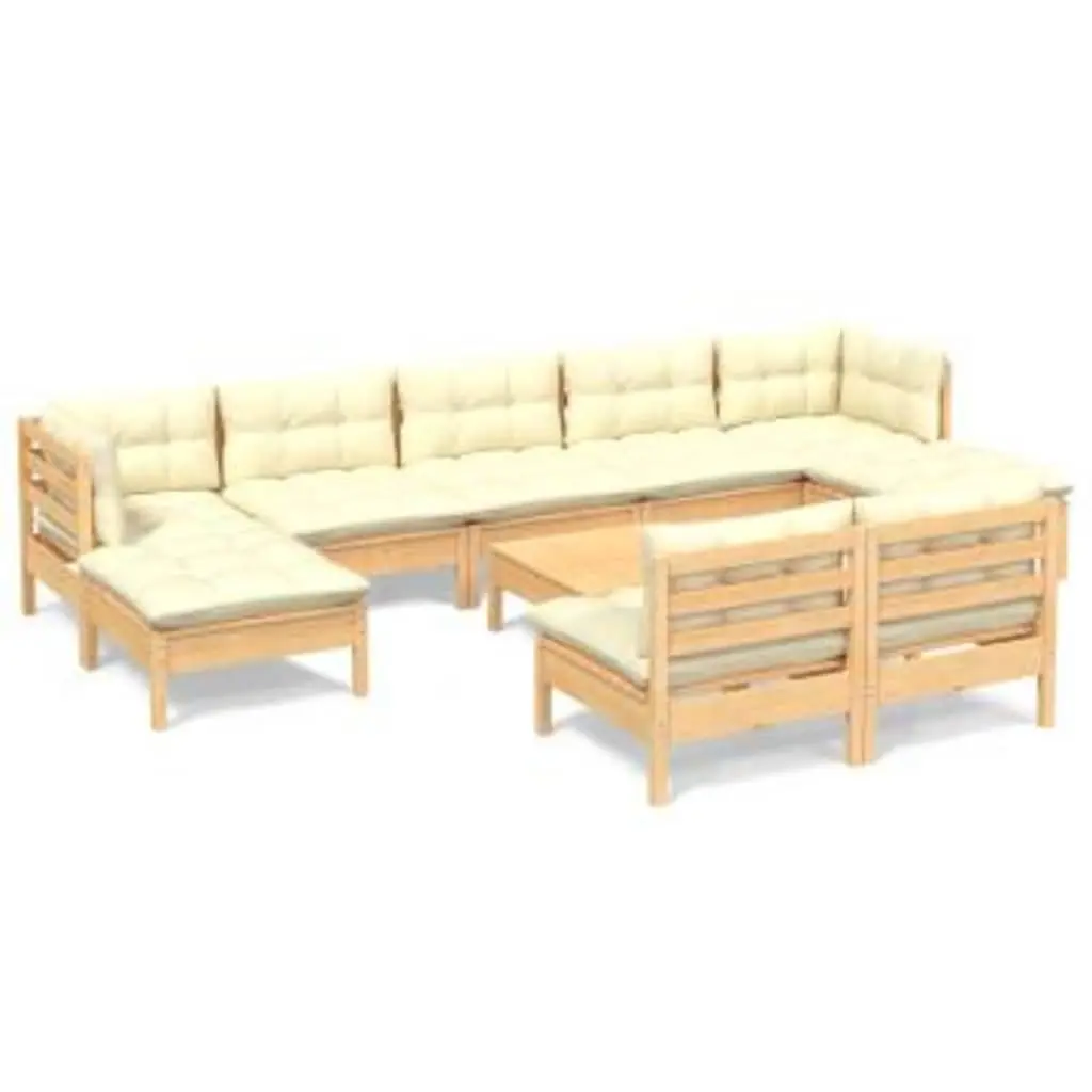 Modular Pinewood Lounge Set for Outdoor Use with Cream Cushions 10 Pieces