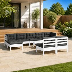 10-Piece Modular Lounge Set with Cushions - White Pinewood