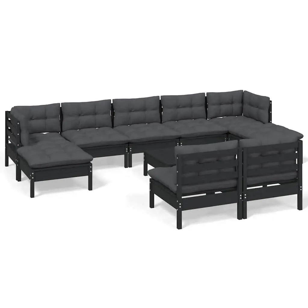 Garden Lounge Set Outdoor 10 Piece Black Pinewood Patio Furniture with Cushions