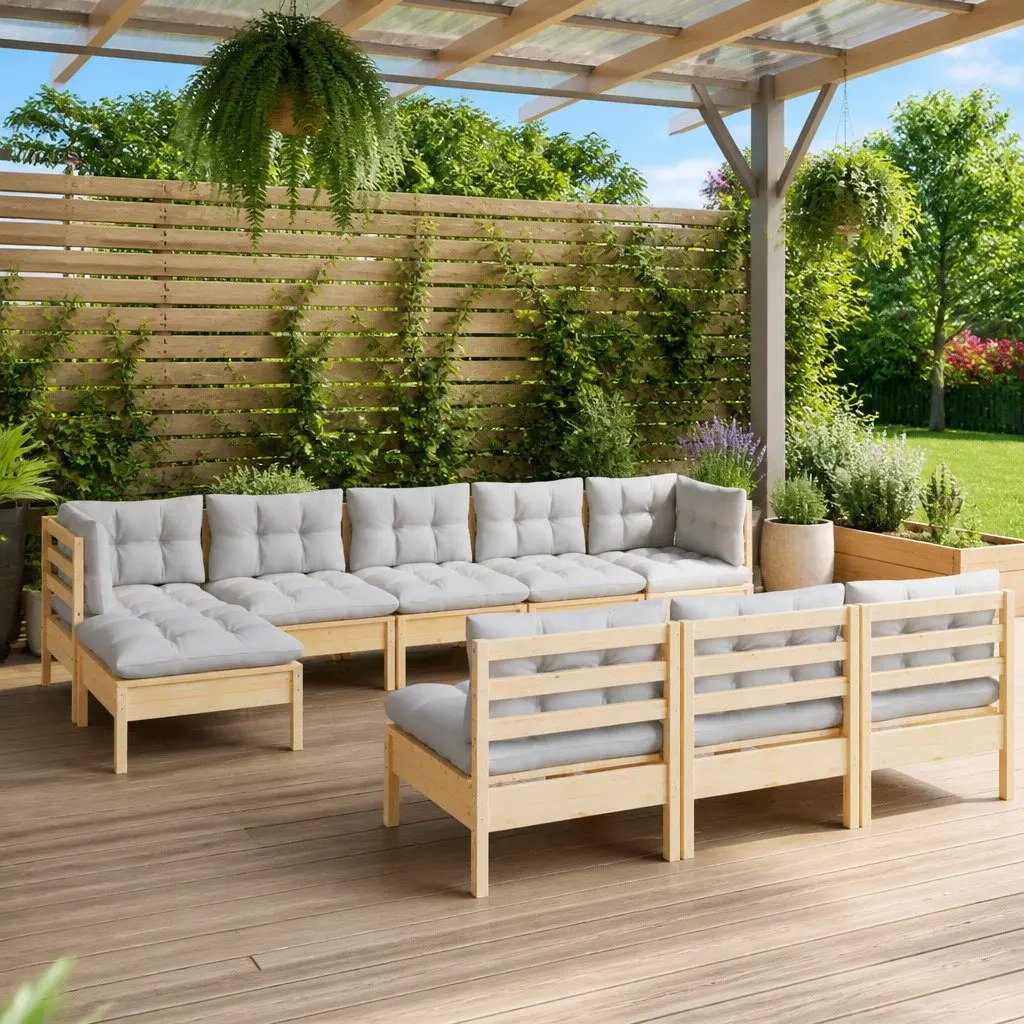Modular Garden Lounge Set 10 Piece Outdoor Seating Grey Cushions