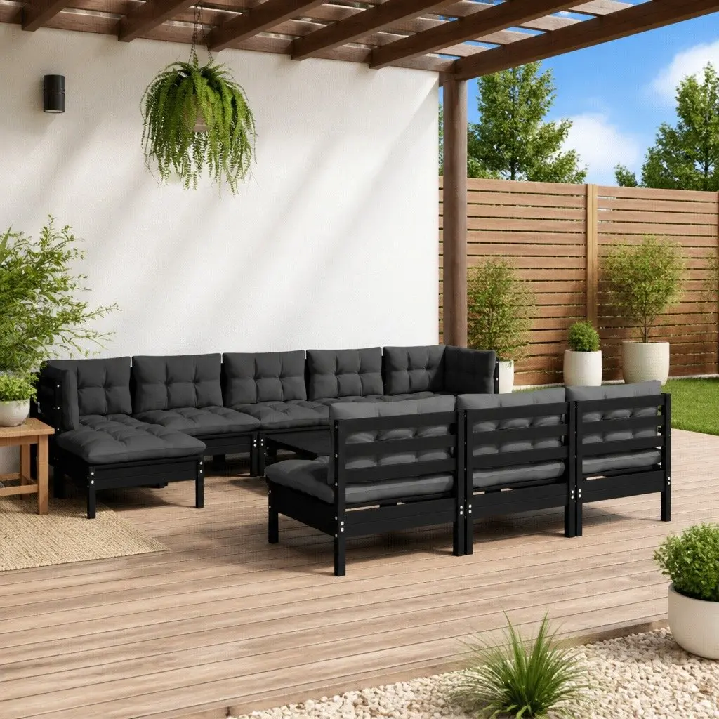 Garden Lounge Set Outdoor Patio Furniture 11 Piece Black Pinewood with Cushions