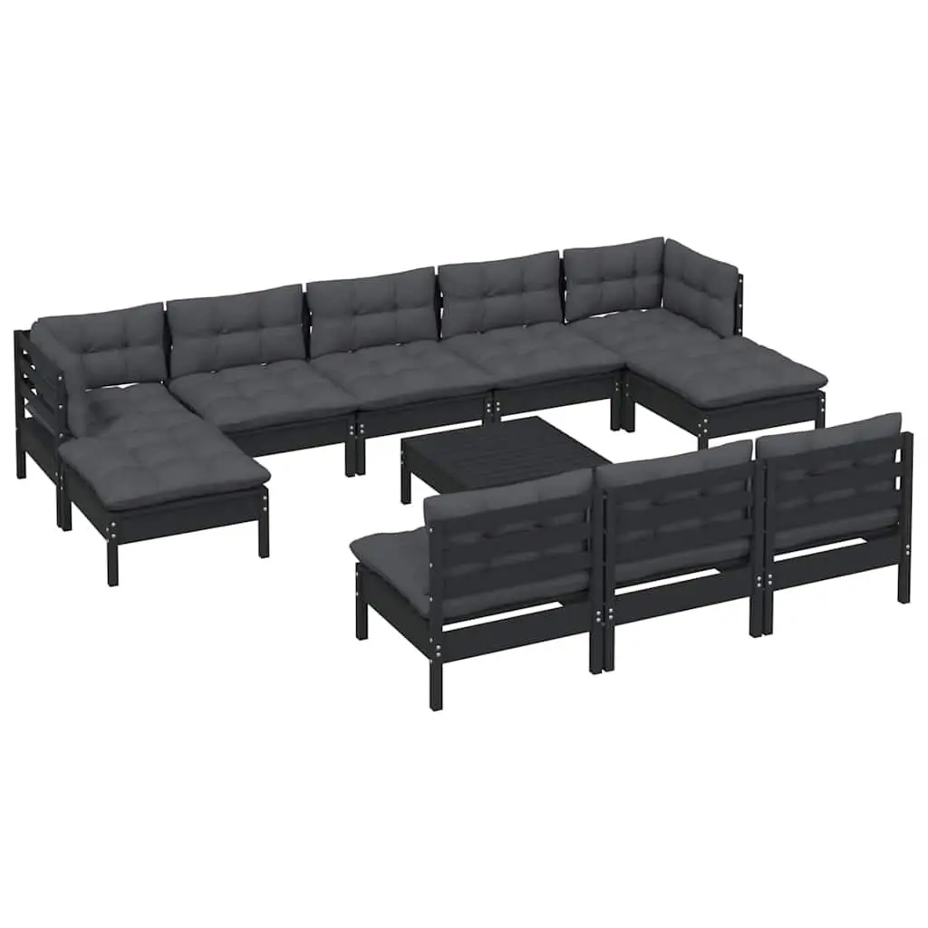 Garden Lounge Set Outdoor Patio Furniture 11 Piece Black Pinewood with Cushions