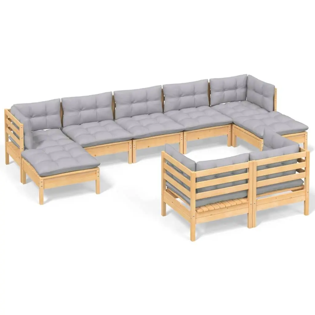 Modular Outdoor Lounge Set 9 Piece Garden Patio Furniture Grey Cushions Pinewood