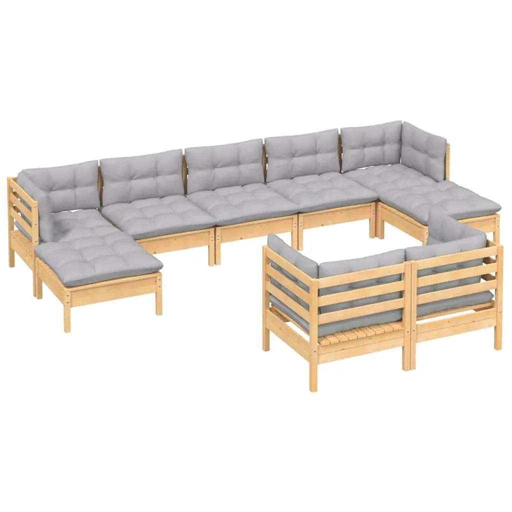 Modular Outdoor Lounge Set 9 Piece Garden Patio Furniture Grey Cushions Pinewood