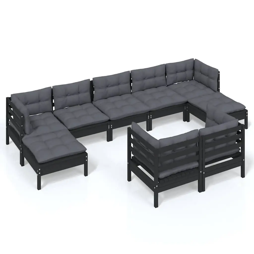 9 Piece Modular Garden Lounge Set Black Outdoor Furniture with Cushions Pinewood