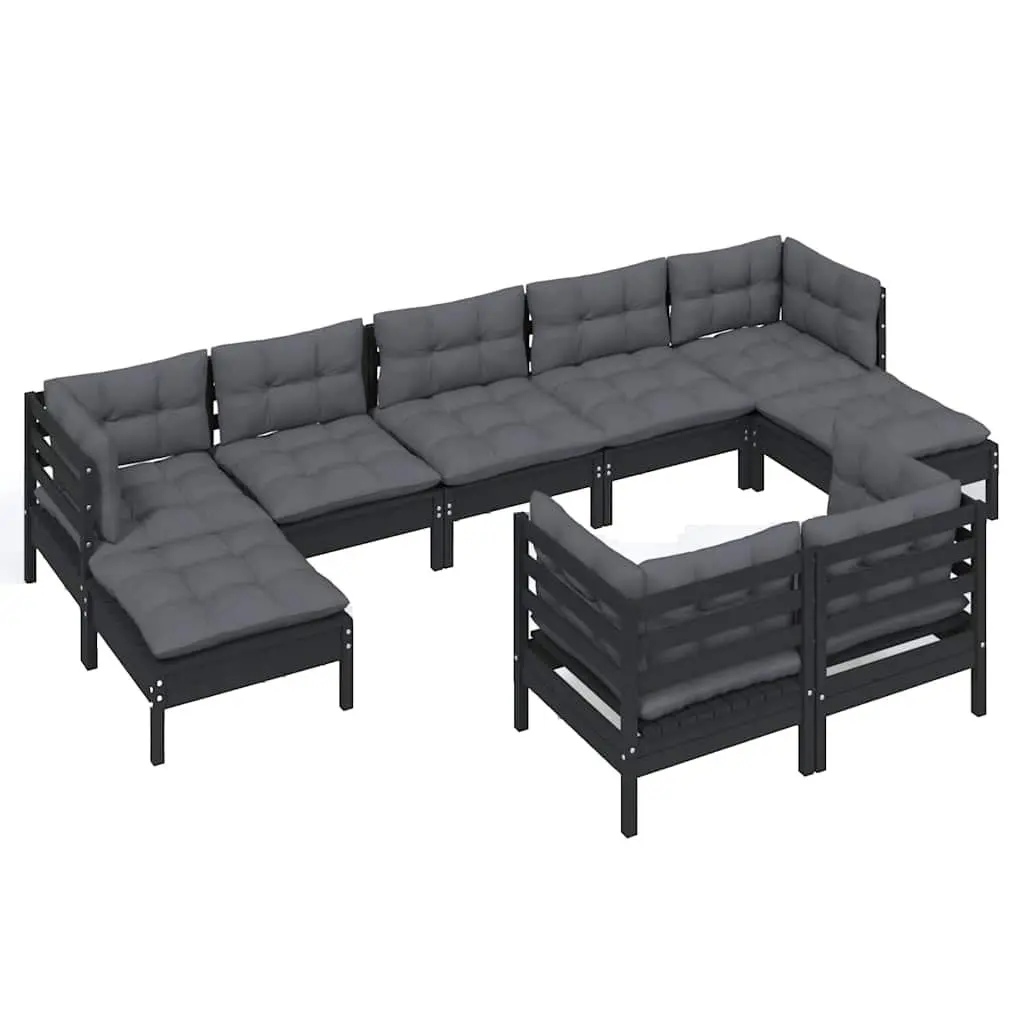 9 Piece Modular Garden Lounge Set Black Outdoor Furniture with Cushions Pinewood