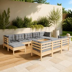 10 Piece Garden Lounge Set - Solid Pinewood with Cushions