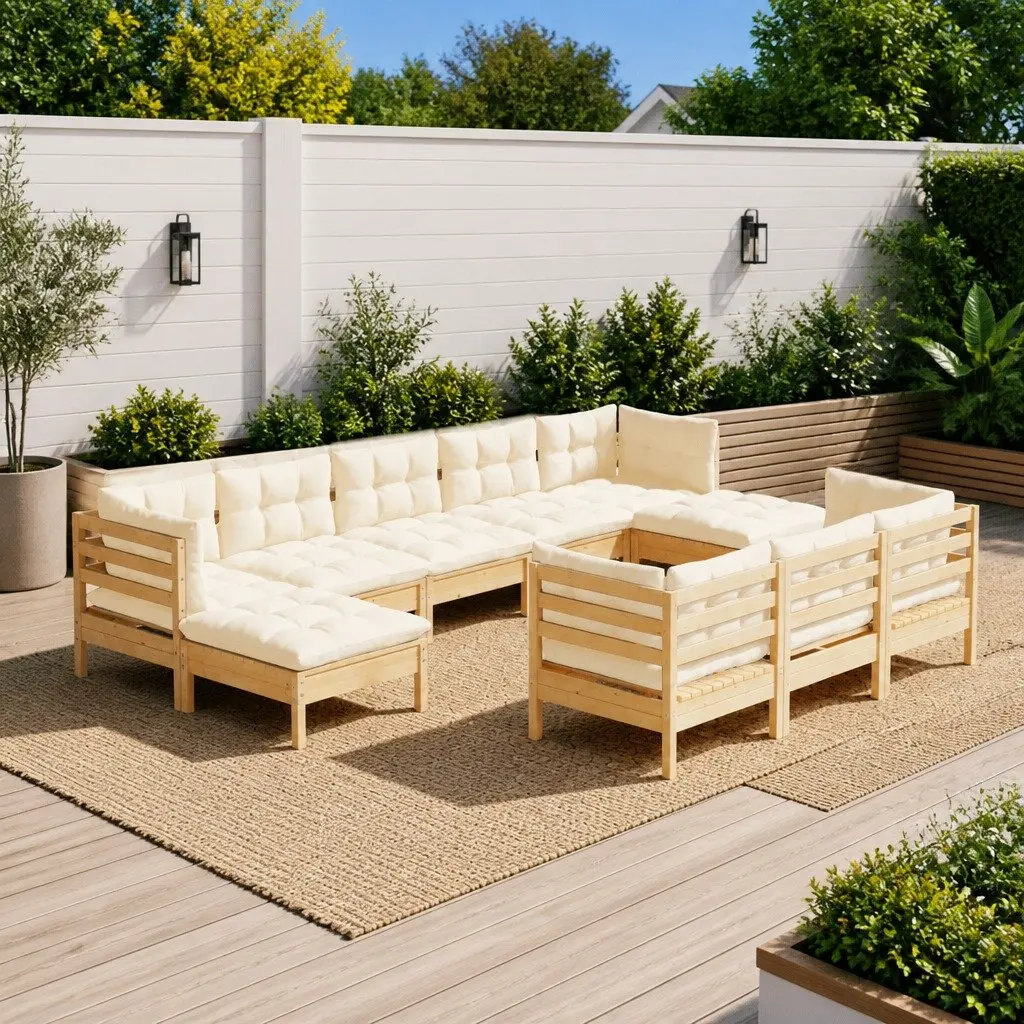 Garden Lounge Set Outdoor Furniture 10 Piece Solid Pinewood with Cream Cushions
