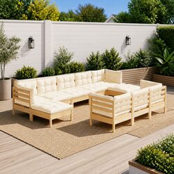 Garden Lounge Set - 10 Pieces, Solid Pinewood, Cream Cushions