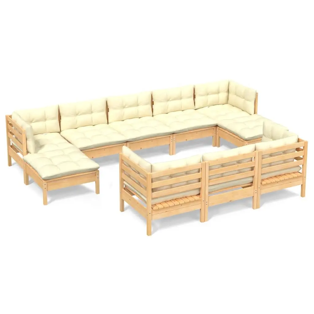 Garden Lounge Set Outdoor Furniture 10 Piece Solid Pinewood with Cream Cushions