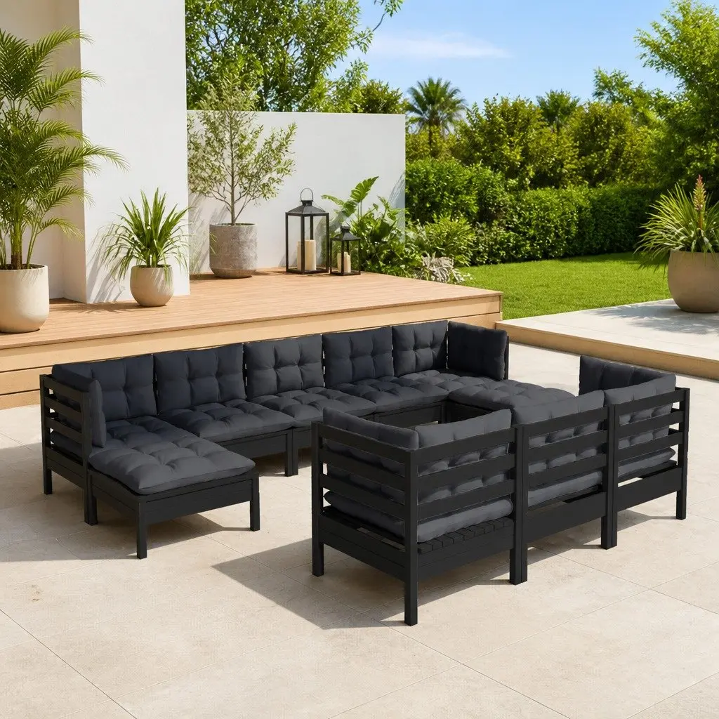Garden Lounge Set Outdoor Furniture 10 Piece Black Solid Pinewood