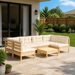 Garden Lounge Set: 7 Pieces, Solid Pinewood, Cream Cushions