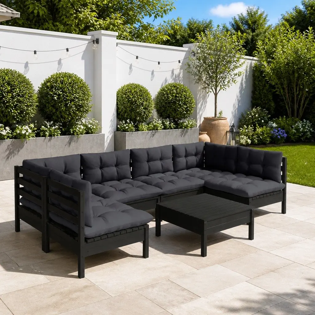 Garden Lounge Set 7 Piece Patio Furniture Black Solid Pinewood