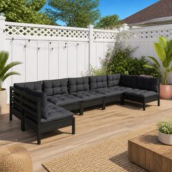 7 Piece Garden Lounge Set with Cushions Black Solid Pinewood Patio Furniture