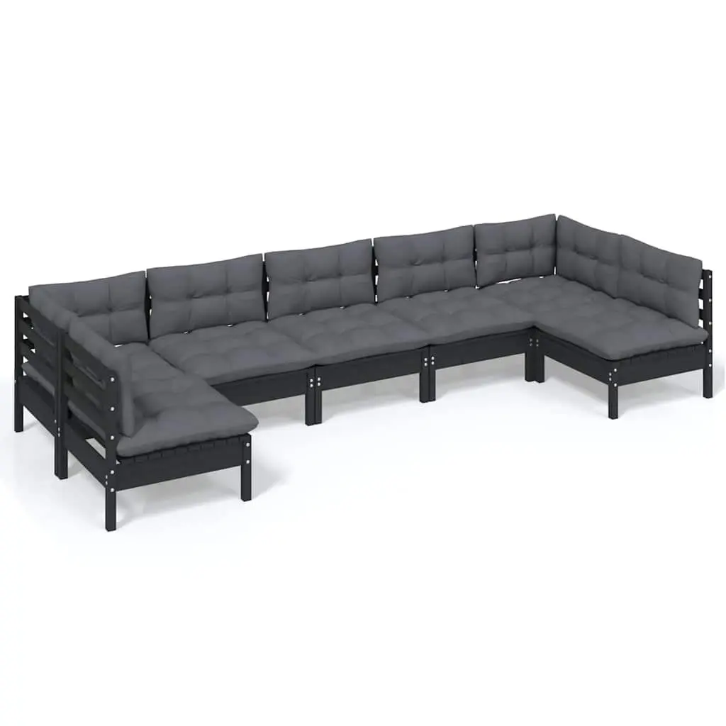 7 Piece Garden Lounge Set with Cushions Black Solid Pinewood Patio Furniture